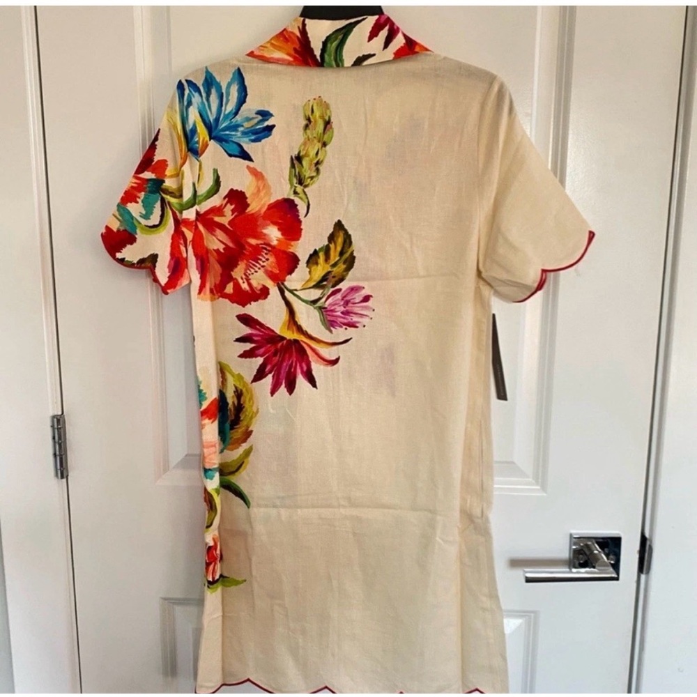 Tropical Scalloped Hem Midi linen Anthropologie  Embroidered  Button Down Dress